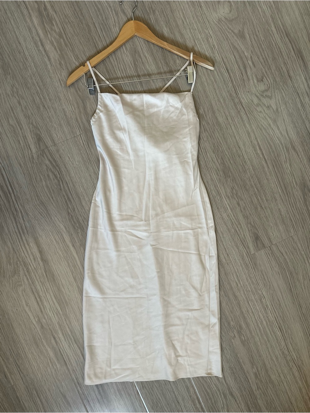 Express Cream Satin Midi Slip Dress with Spaghetti Straps
